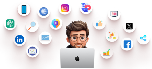 Digital marketer with laptop and social media icons
